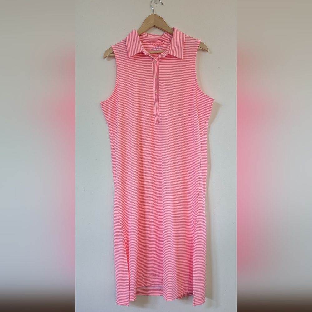 Vineyard Vines striped sleeveless midi Margo neon Rosa stripe Polo Dress L Large